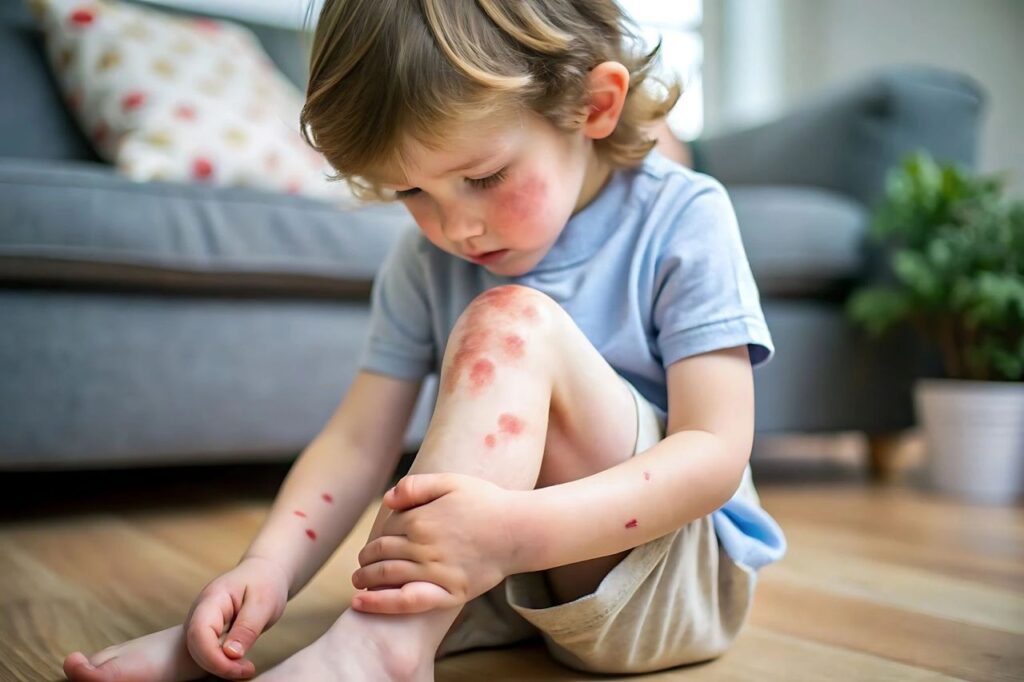 Infographic showing common childhood allergy triggers like pollen and pets.