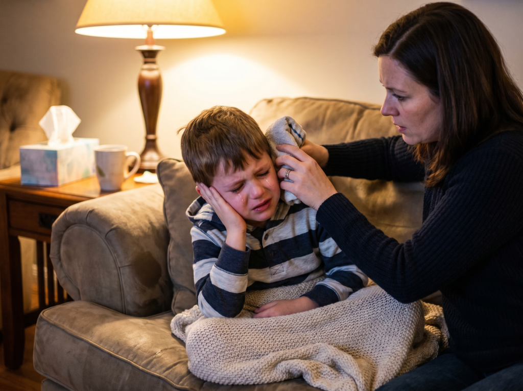 Child experiencing ear pain at home, parent applying cooling cloth