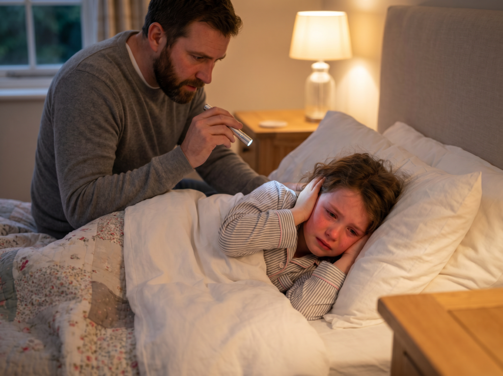 Parent checking child with ear infection symptoms
