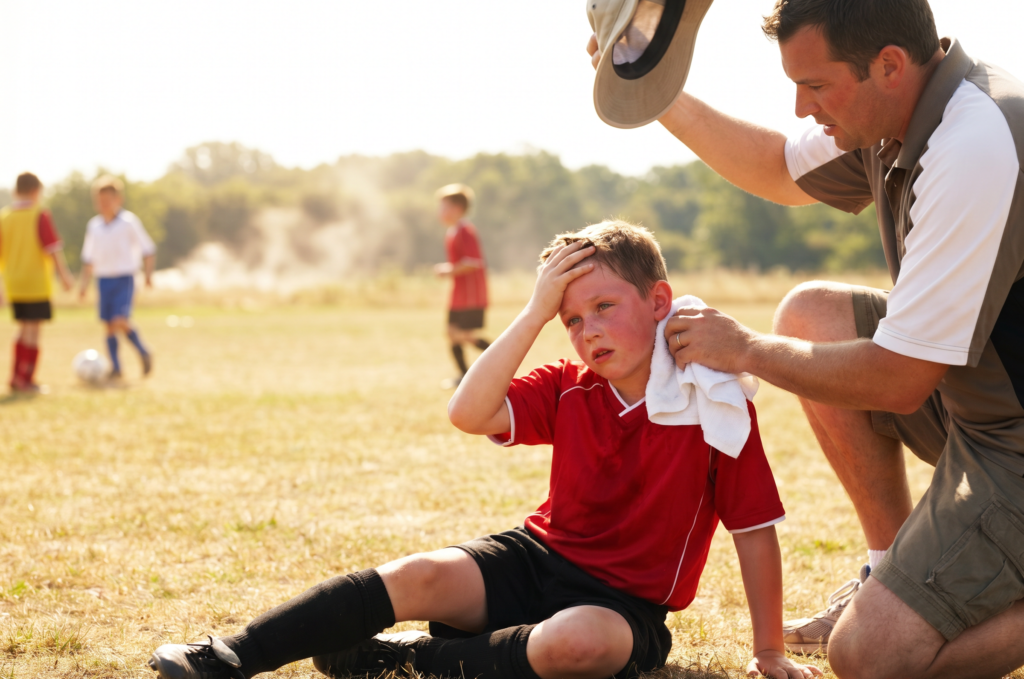 Child with heat exhaustion being cooled during outdoor activity