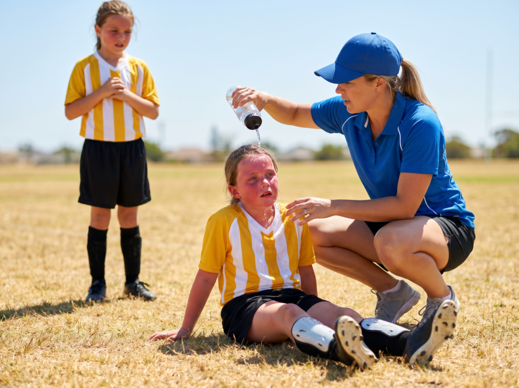 Young athlete experiencing heat illness on a sports field in Wheaton, IL