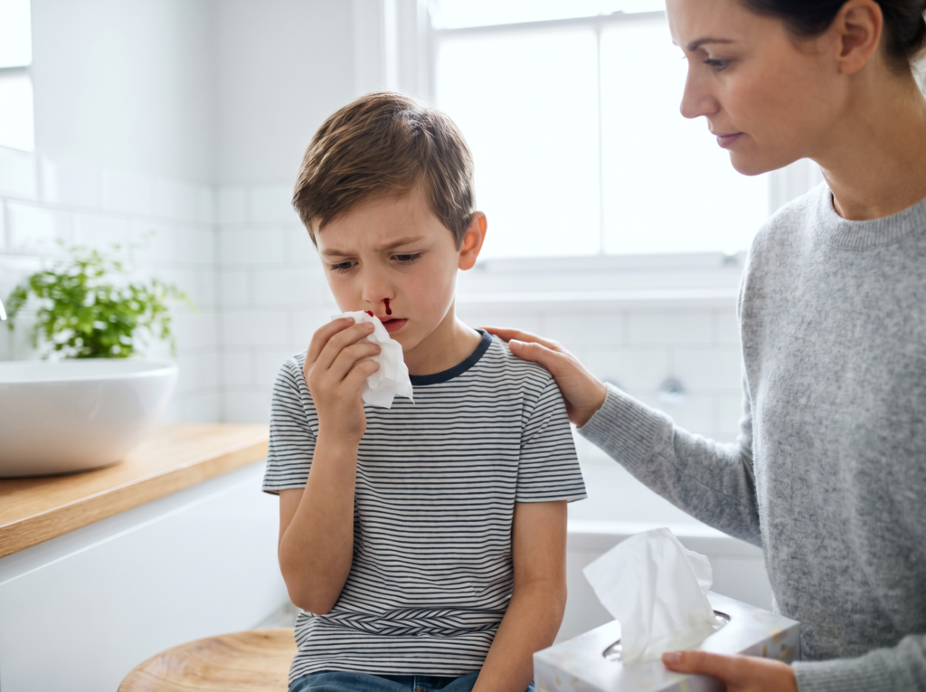 Child with a nosebleed receiving home care from parent