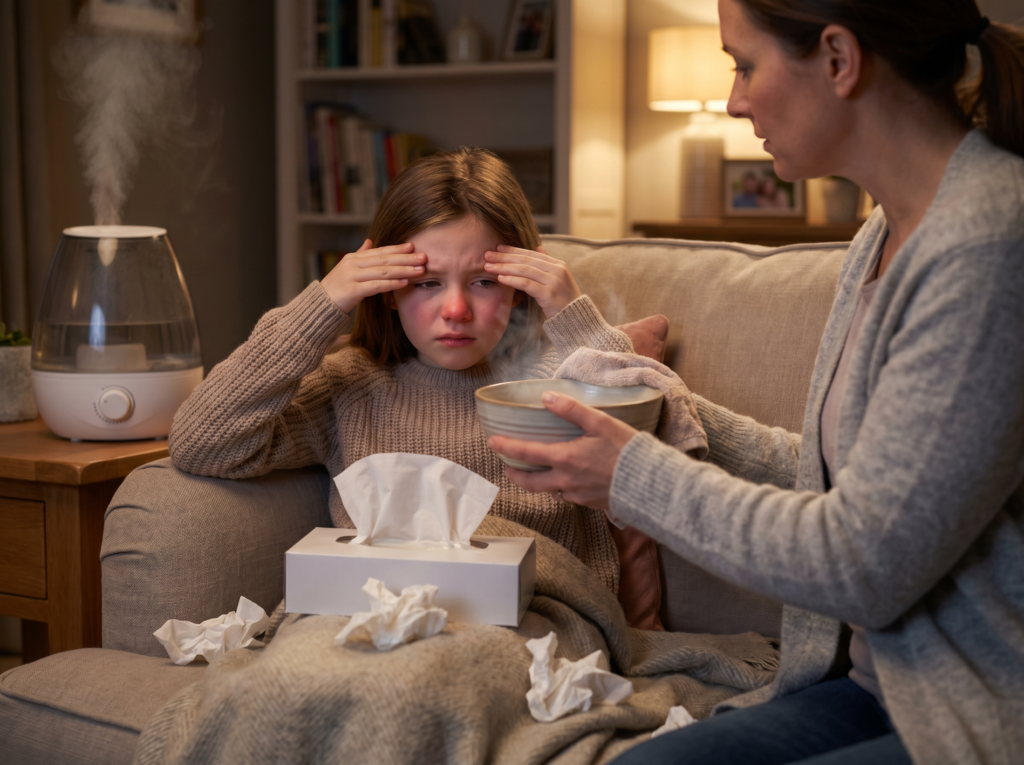 Child with sinus congestion and headache at home