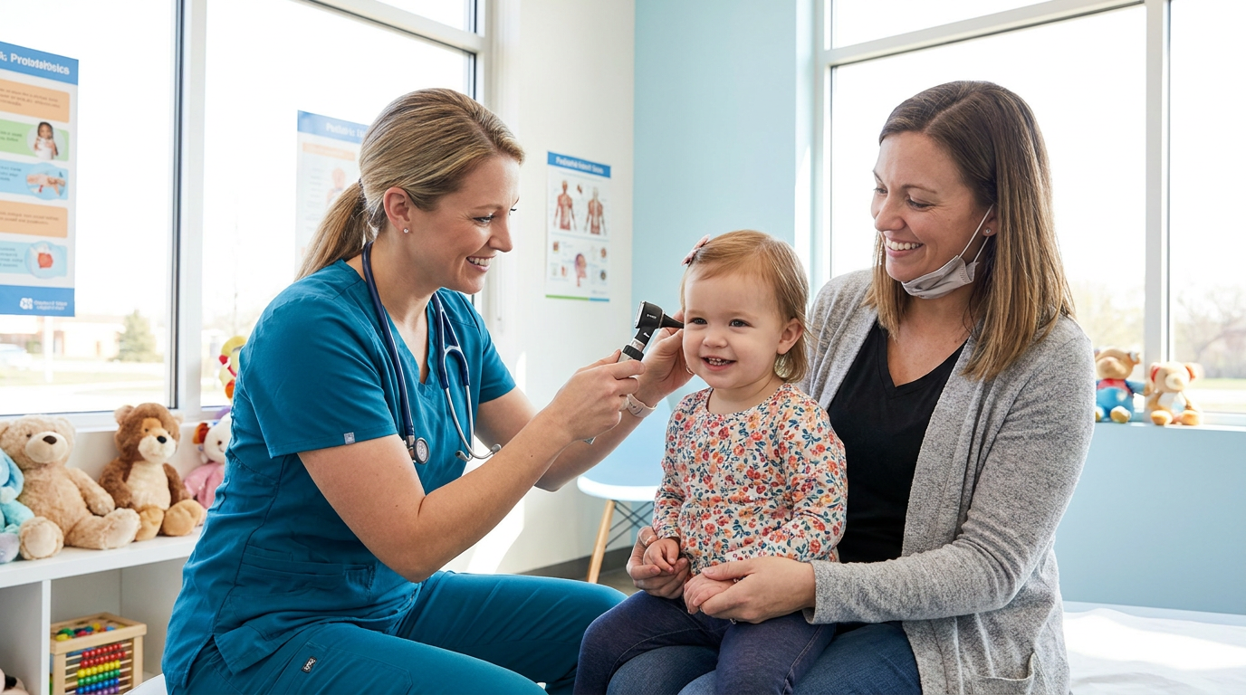 Pediatric nurse checking a smiling toddler&rsquo;s ear at KIDS Urgent Care, serving Carol Stream, IL families from Wheaton