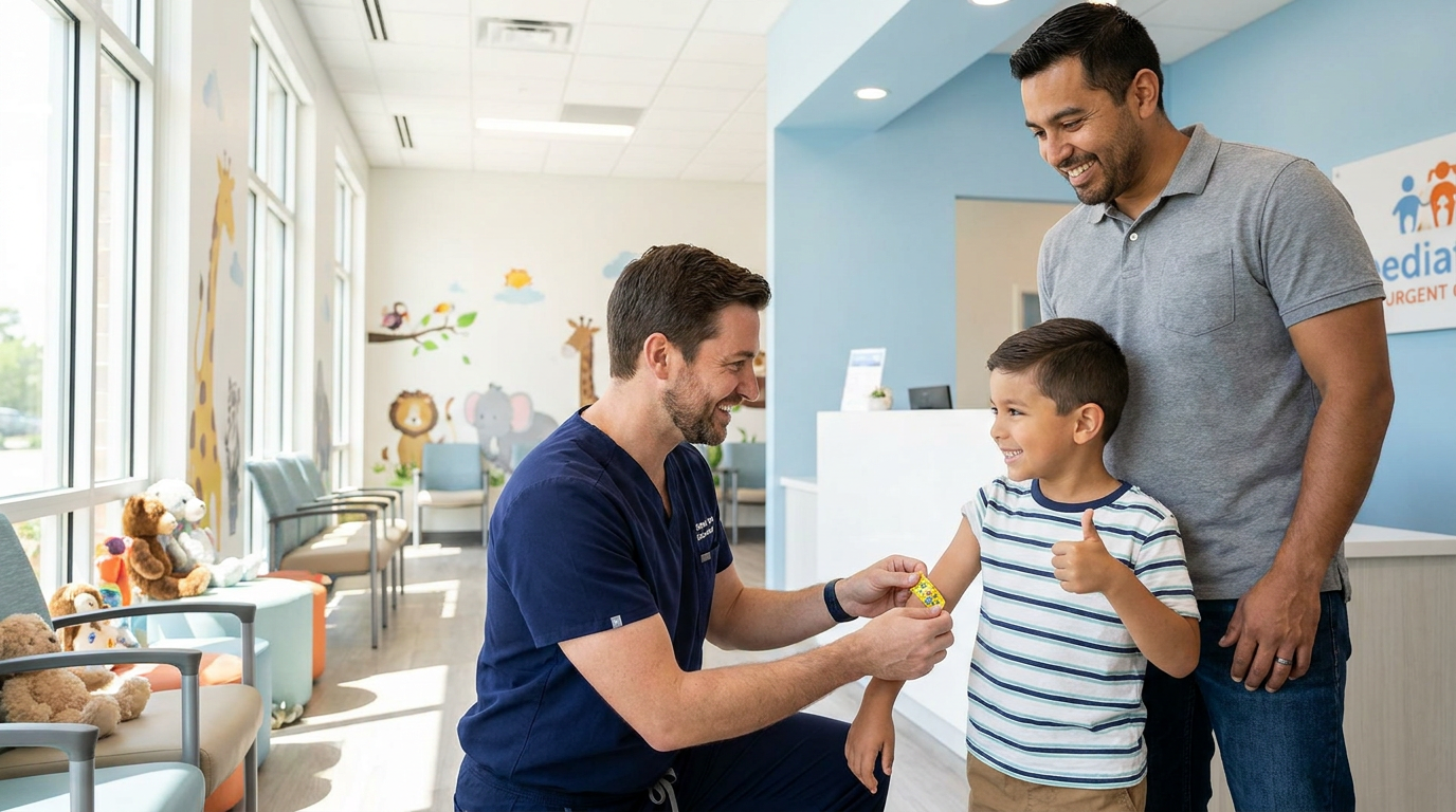 Pediatric provider placing a bandage on a smiling boy giving a thumbs up at KIDS Urgent Care, serving Naperville, IL families from Wheaton