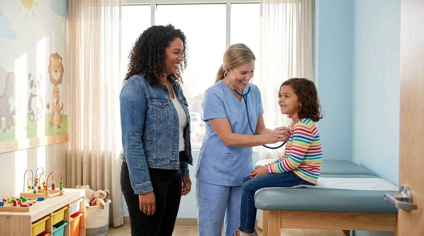 Pediatric provider examining a smiling child with a parent at KIDS Urgent Care, serving Glen Ellyn, IL families from Wheaton